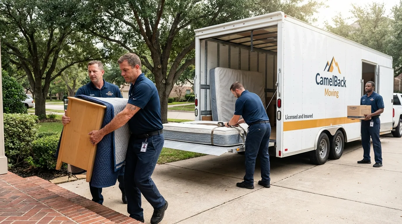 Crew loading residential truck for cross-state move from Thornton, CA