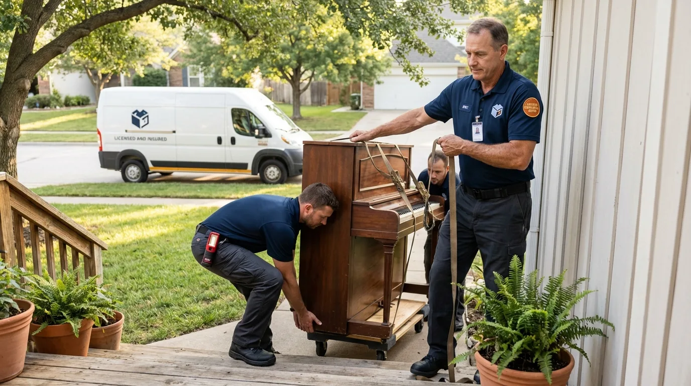 Licensed piano movers securing grand piano in Thornton, CA