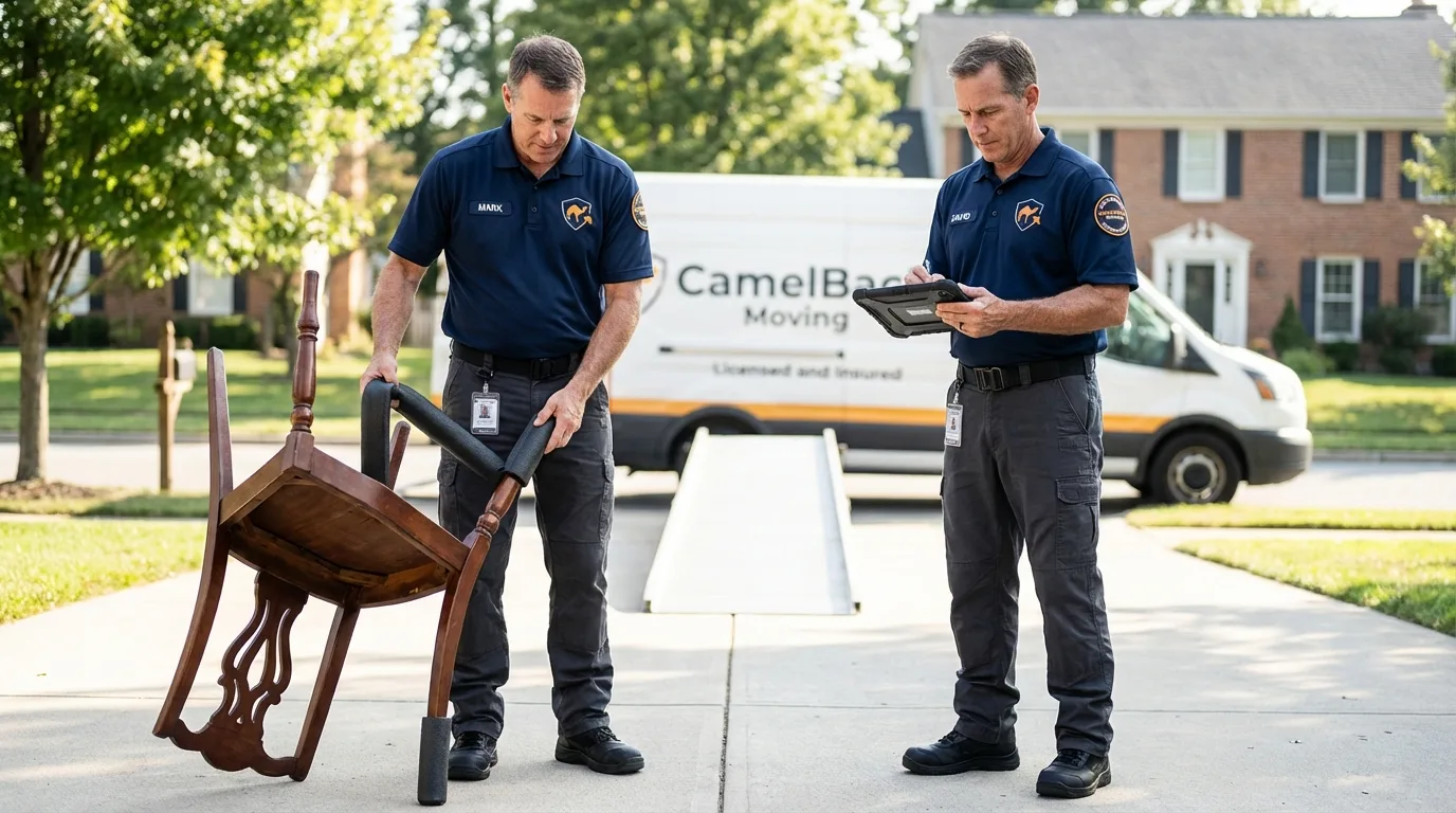 Movers inspecting furniture for damage prevention before loading in Thornton, CA